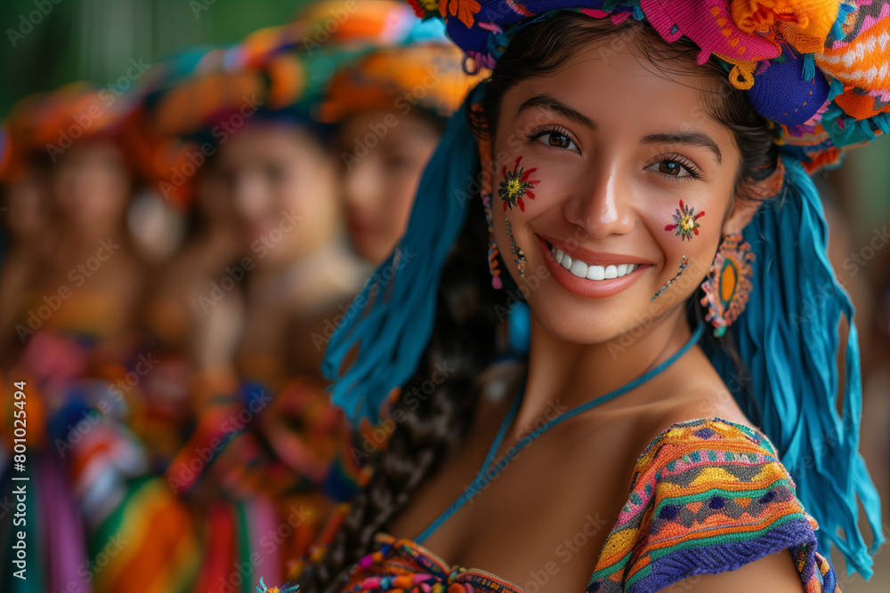group of girls dressed in cheerful colorful costumes dance traditional dances