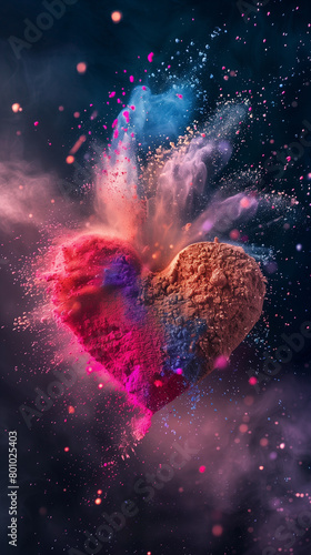 A stunning dissolving heart with a cloud of multicolored particles around it photo