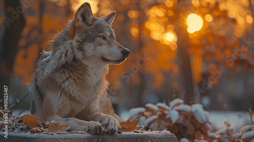 lone wolf stares in a forest at the beginning of winter