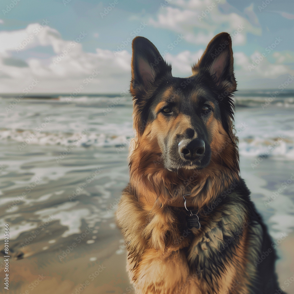 Captured from behind, a German Shepherd with a blurred face looks towards the sea, embodying contemplation and the bond with the sea environment Captured from behind, a German Shepherd with a blurred face looks towards the sea, embodying contemplation and the bond with the sea environment
