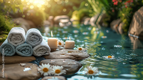 advertising of a spa center in nature. poster for advertising Spa services in the eco-style of a mountain stream. rolled towels and candles on the background of a mountain lake