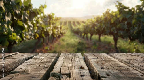 front view off empty raw wooden old table against blurred vineyard background