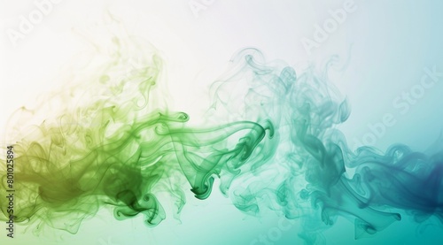 Waves of green and blue smoke create an ethereal and fluid form on a white background, suggesting graceful movement © Lena_Fotostocker