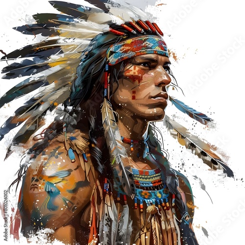 American Indian traditional outfit and decor white background