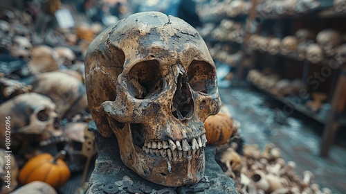 Skulls and bones at a Halloween market with a slightly blurred background, Ai generated Images