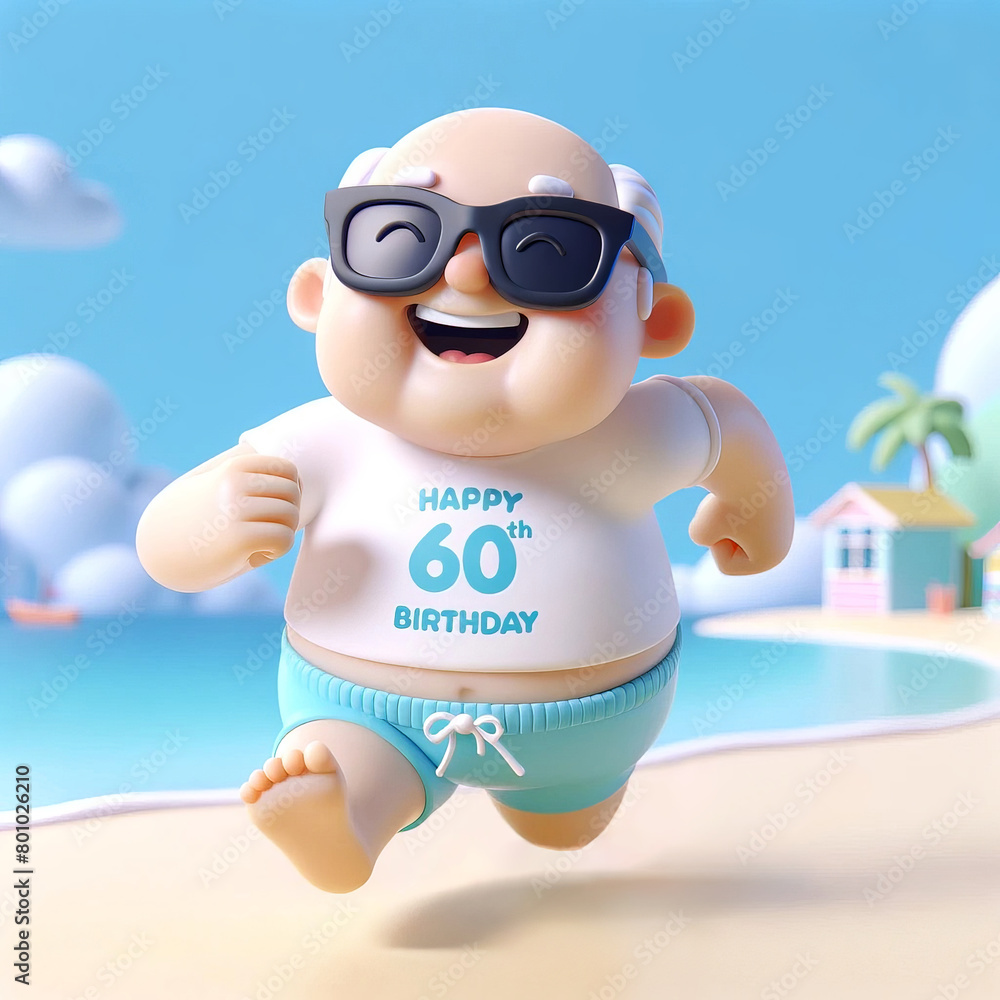Animated character swimwear on beach with Happy 60th Birthday Dad sign. Celebration humor concept Animated character swimwear on beach with Happy 60th Birthday Dad sign. Celebration humor concept