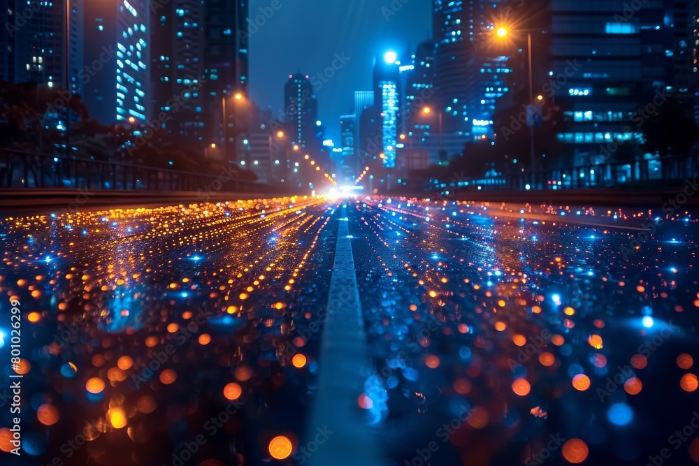 The horizontal night landscape of a city with traffic jams on wet streets reflecting the lights of the buildings and cars.