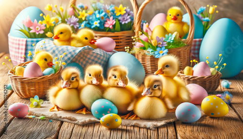 Group of little ducklings background of Easter decorations. Easter spring celebration concept