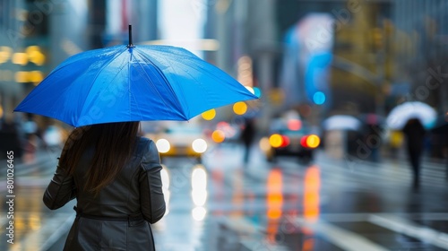 Woman walking on a rainy city street while holding a bright blue umbrella, Ai generated Images