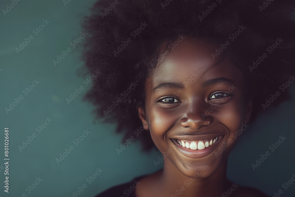Black girl with white smile, copy space Black girl with white smile, copy space