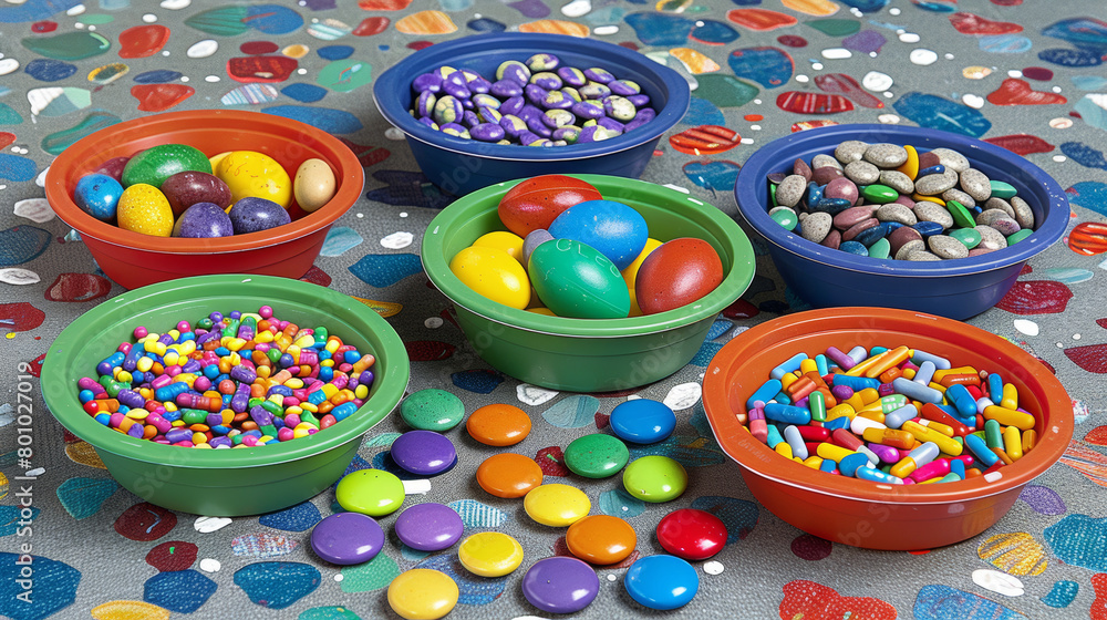 A colorful assortment of candy is displayed in five different bowls. The bowls are filled with various types of candy, including Skittles, and other sweets. Concept of abundance and indulgence