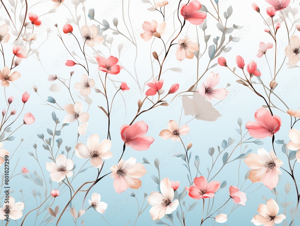 Flat graphic illustration of delicate hanging blooms in soft pastels for serene fabric prints and paper art , seamless pattern Flat graphic illustration of delicate hanging blooms in soft pastels for serene fabric prints and paper art , seamless pattern