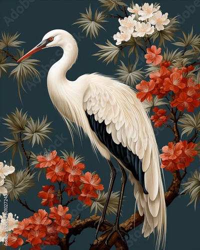 Elegant crane and flower vector design, perfect for timeless wallpaper and highquality seasonal greeting cards ,  repeating pattern © Amina