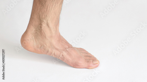 Adult man foot viewed from the inner ankle, standing on tiptoe, left foot with space for text, white background