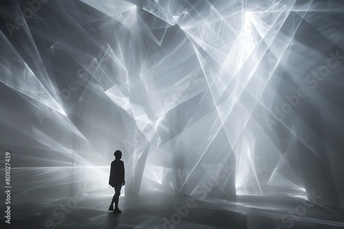 A monumental abstract sculpture carved from light beams, bathed in a nebula fog.