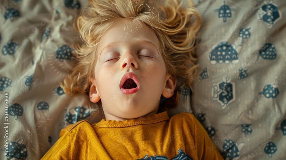 Funny face expression with open mouth of blonde caucasian three years old child, sleeping on king bed 