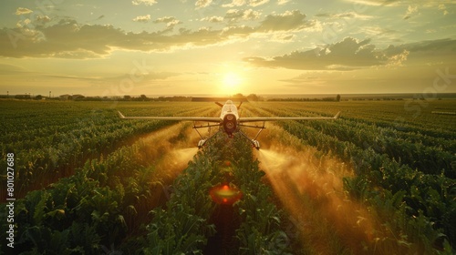 Agricultural innovation with high-tech agricultural drones soaring over vast rice fields. Showcasing advanced spraying capabilities for effective weed and pest control.