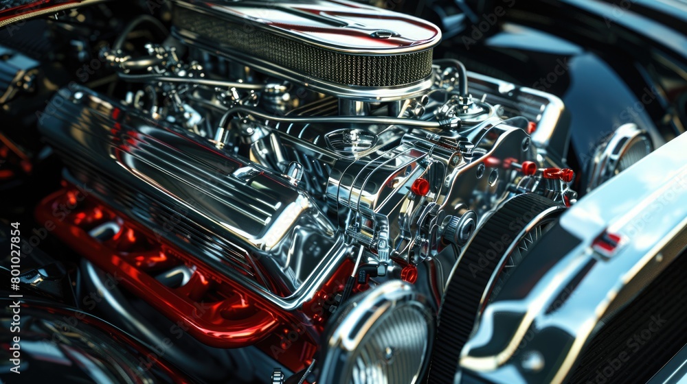 Powerful Engine Bay of a Car with Chrome Metals. Motor and Transportation Concept in Auto Industry Powerful Engine Bay of a Car with Chrome Metals. Motor and Transportation Concept in Auto Industry