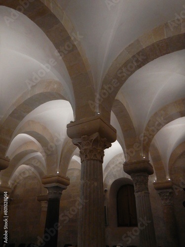 Multiple arches form a vaulted ceiling of an old crypt. Large stone blocks form the walls and arches. The pillars are mismatched.