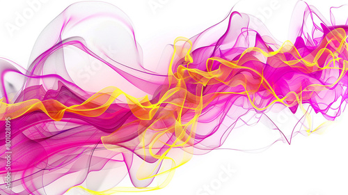 Dynamic yellow neon lightning arcs weaving through energetic magenta wave patterns, isolated on a solid white background."
