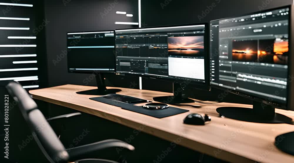 Creative Abode: Empty Video Production Studio featuring Video Film Montage on Dual Displays
Creative Abode: Empty Video Production Studio featuring Video Film Montage on Dual Displays