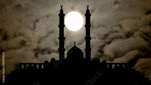 Egypt: Islamic Cultural Center by Night with Dark Atmosphere, Fog, Smoke, Full Moon, and Grand Mosque in Silhouette photo