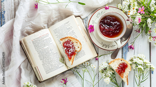 Opened book plate with sweet jam toast and flowers 