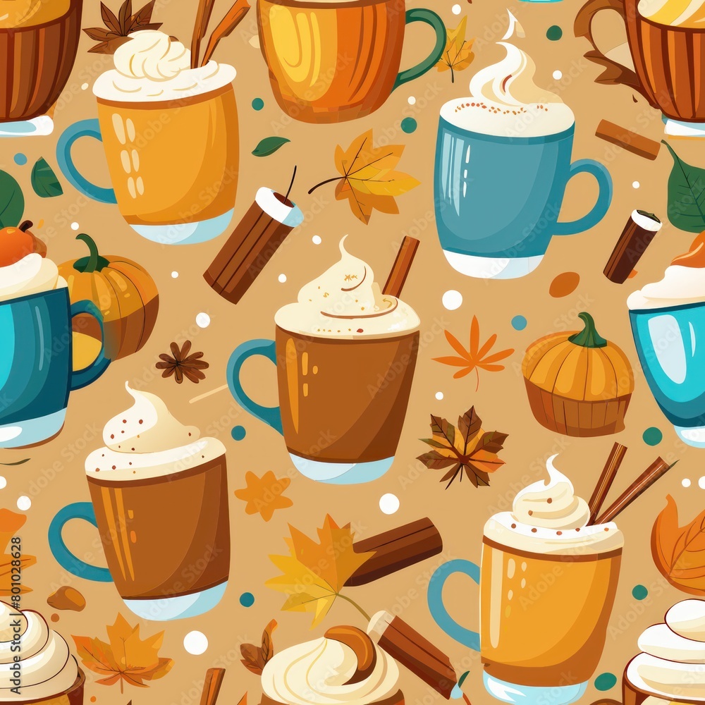 Seamless pattern of hot cups of spiced pumpkin latte with cinnamon sticks, Generative AI Seamless pattern of hot cups of spiced pumpkin latte with cinnamon sticks, Generative AI
