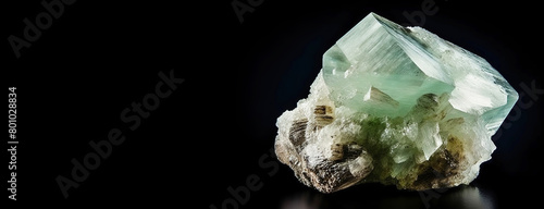 Fluorapophyllite-K is a rare precious natural stone on black background. AI generated. Header banner mockup with space. photo