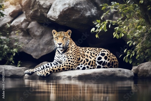 'rock resting jaguar spotted beautiful large carnivorous zoo wilderness outdoors endangered panther big cat leopard looking portrait jungle fauna danger dangerous panthera predator carnivore animal'