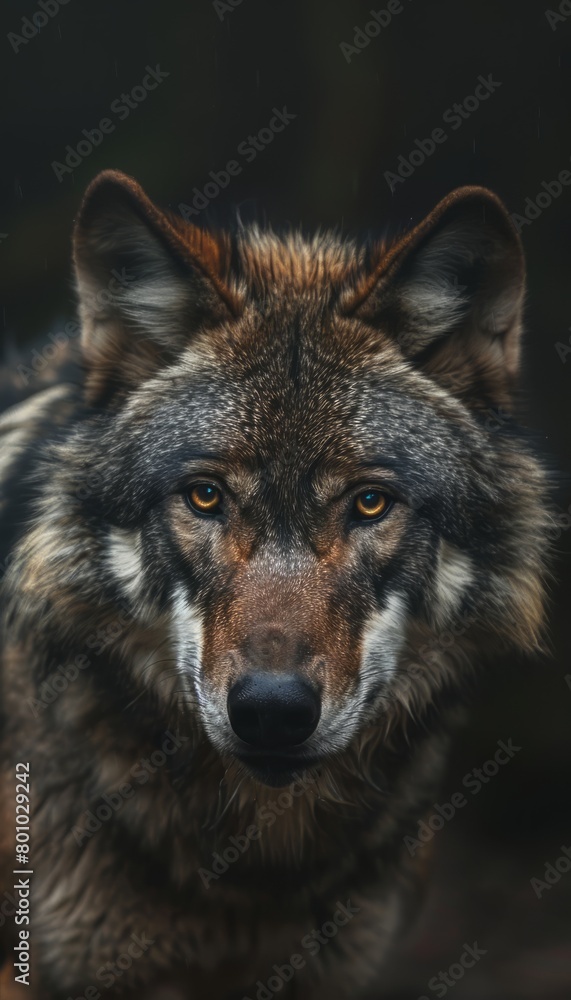 Close up on a wolf eyes on black background, grey wolf portrait with copy-space, intense stare, dusk, pack in distance, wild instinct and natural habitat's mystery. Generative ai Close up on a wolf eyes on black background, grey wolf portrait with copy-space, intense stare, dusk, pack in distance, wild instinct and natural habitat's mystery. Generative ai