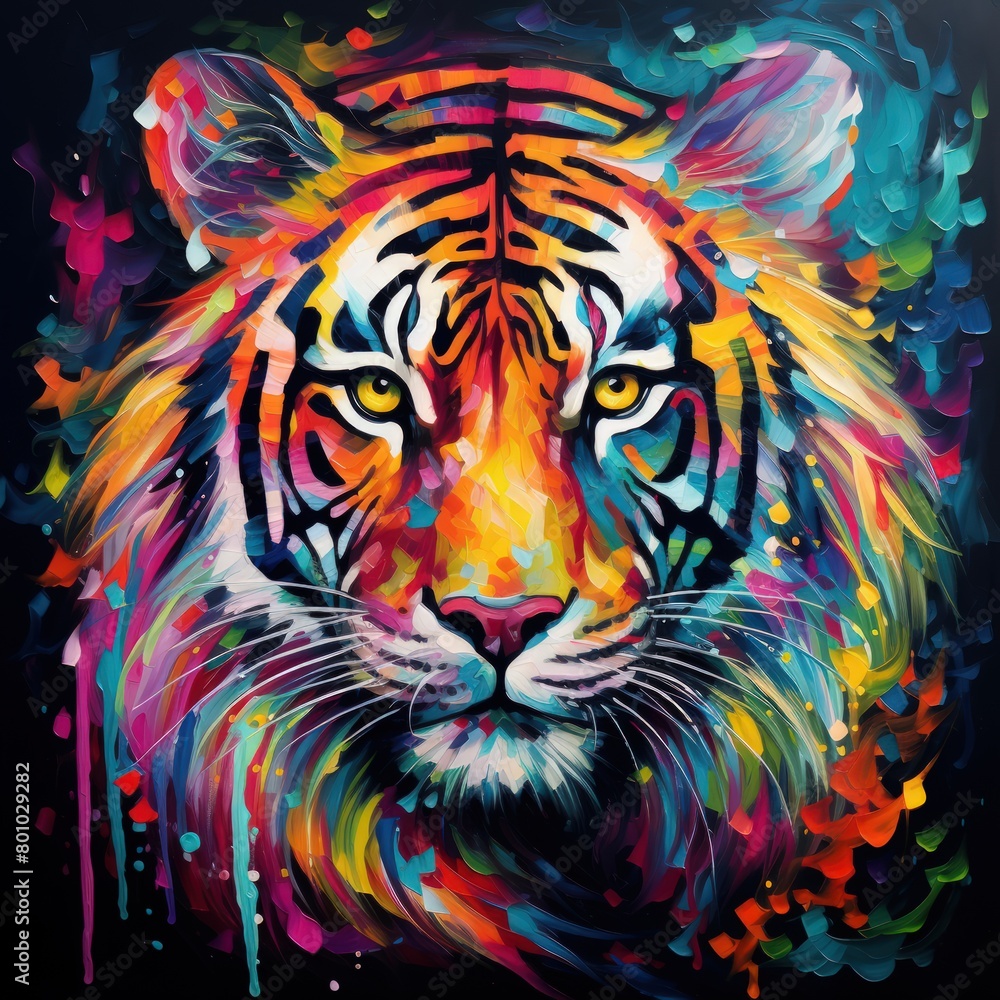 Blacklight painting-style tiger, tiger pop art, illustration