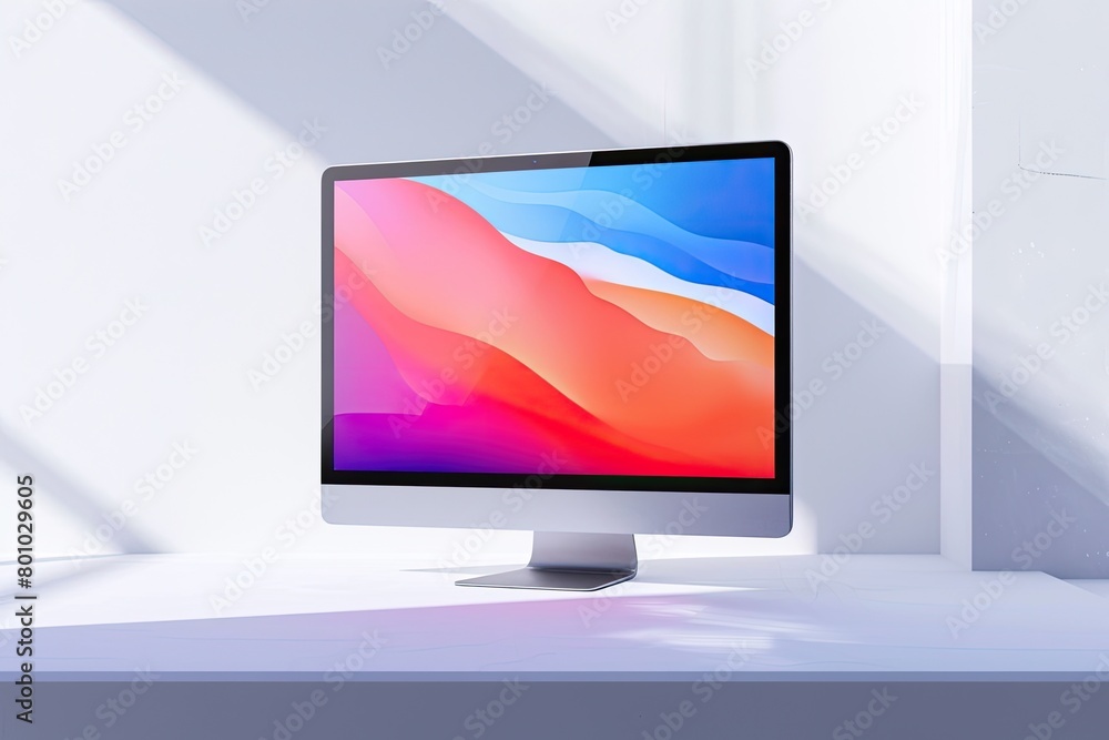 Fototapeta premium PC mockup in a minimalist studio space, its screen providing a blank canvas for digital art and design
