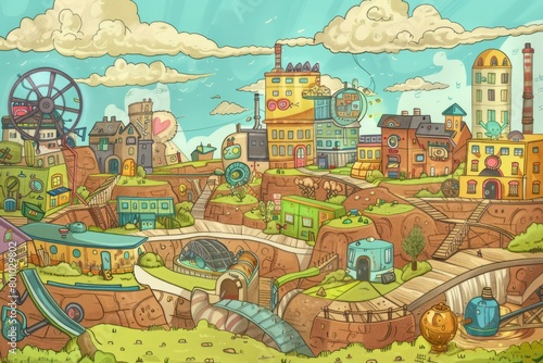 Cartoon cute doodles of a city divided into districts, where giant hamster wheels power the city's energy grid, and citizens compete in adorable races, Generative AI