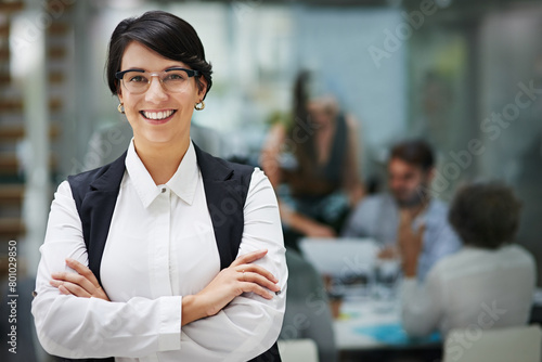 Tableau sur toile Office, businesswoman and pride with smile in portrait with arms crossed at cpa firm for trust