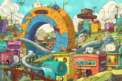 Cartoon cute doodles of a city divided into districts, where giant hamster wheels power the city's energy grid, and citizens compete in adorable races, Generative AI