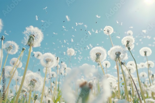 A field of dandelions swaying in the breeze  their seeds taking flight in a flurry of white against a clear blue sky. Abstract and light.