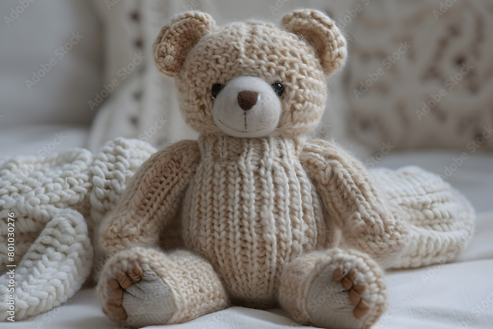 Knitted Teddy Bear on a Beige Blanket in Soft Focus Knitted Teddy Bear on a Beige Blanket in Soft Focus