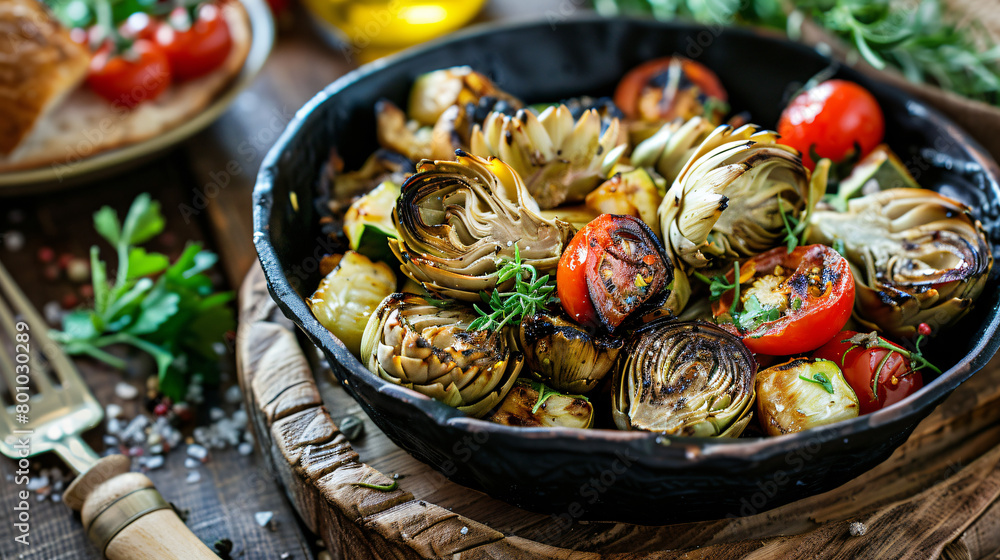 Pan with tasty grilled artichokes and vegetables 