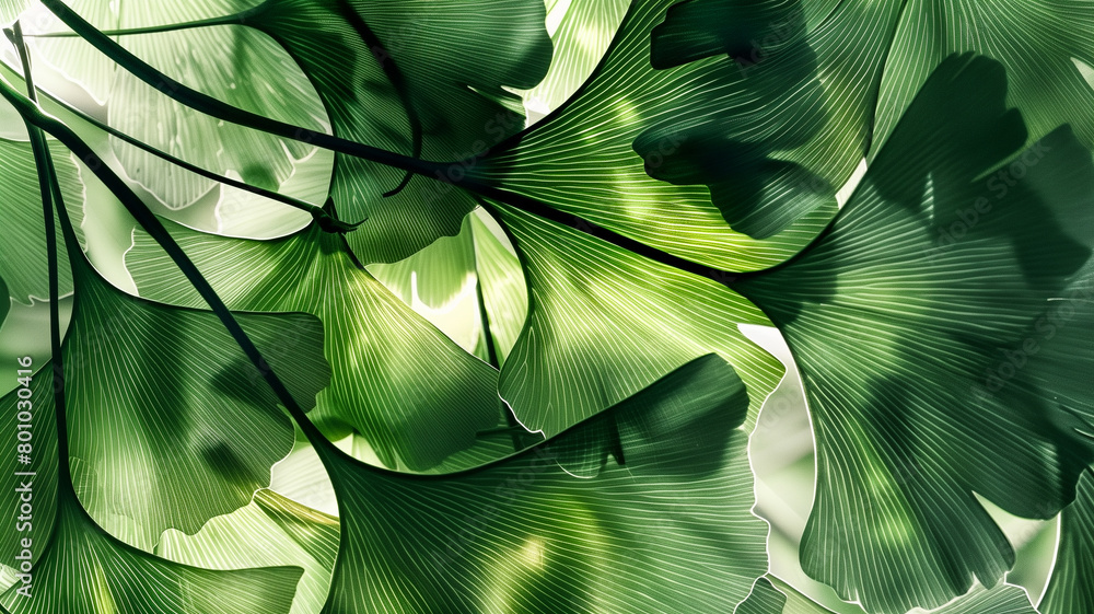Obraz premium Ginkgo biloba green leaves background translucent against light white background to show leaf vein details texture.