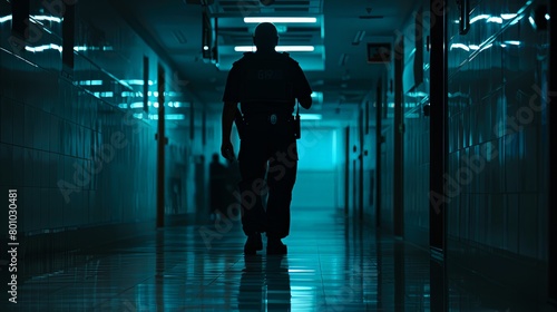 A silhouette of a security guard patrolling a dimly lit corridor, representing the human element in ensuring safety and security in various environments.