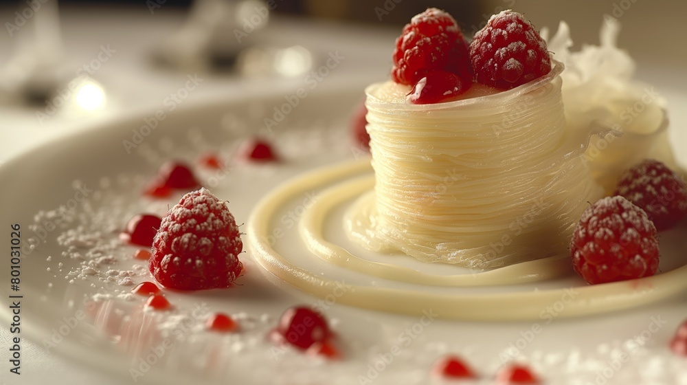 Exquisite fruit roll dessert with fresh raspberries, powdered sugar, and cream drizzle, elegantly presented on a white plate Exquisite fruit roll dessert with fresh raspberries, powdered sugar, and cream drizzle, elegantly presented on a white plate