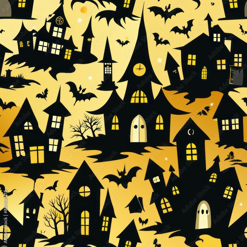 Seamless pattern of spooky haunted houses with ghosts and bats, Generative AI