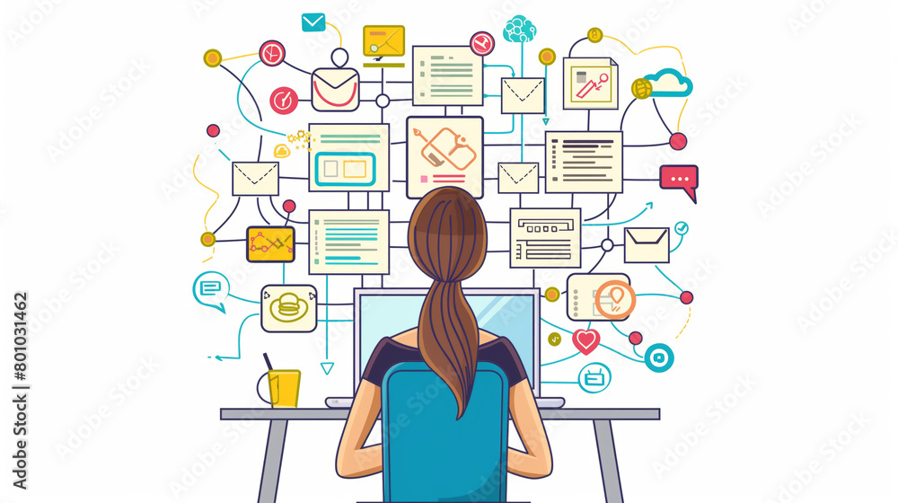 Illustration of a woman at a desk working on a computer with a complex flow chart showing multi-tasking and project management Illustration of a woman at a desk working on a computer with a complex flow chart showing multi-tasking and project management