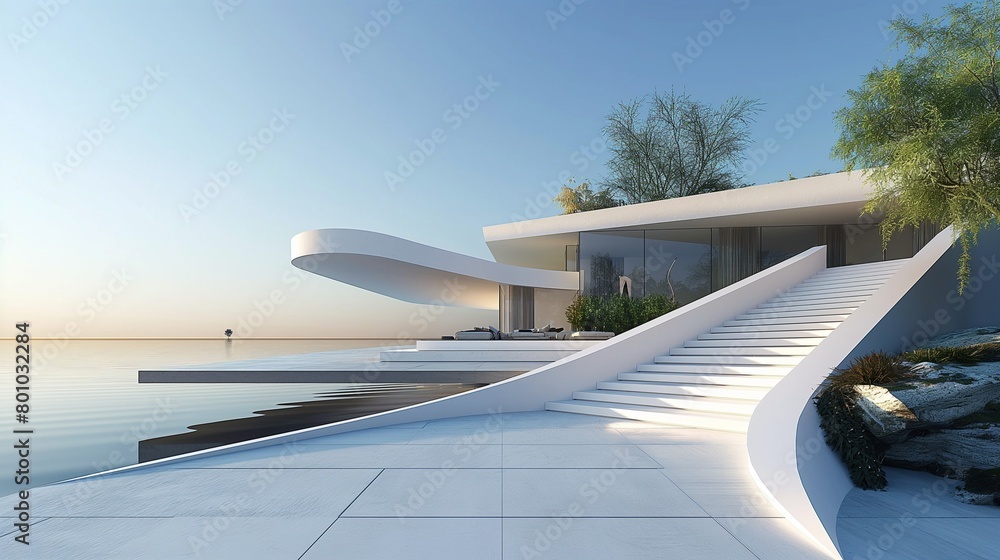 A Modern Building With A Curved Staircase And The Ocean View In The Background.