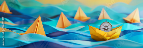 A creative image depicting paper boats on a digitally rendered wavy ocean surface with a conspicuous compass for navigation
