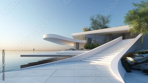A Modern Building With A Curved Staircase And The Ocean View In The Background. © PhornpimonNutiprapun