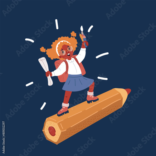 Cartoon vector illustration of Schoolgirl riding a pencil rocket Banner for back to school sale