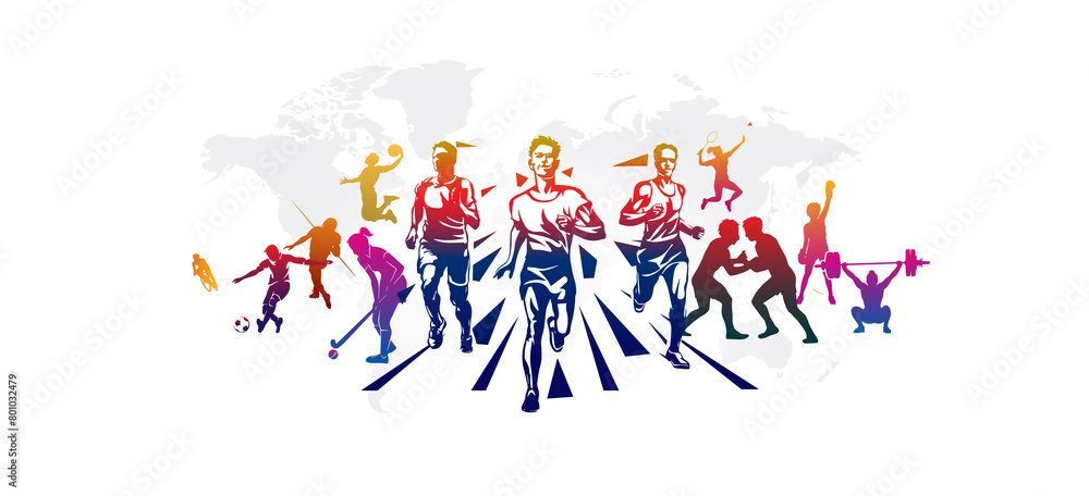Sports day or world athletics day background. World map with athletics, sports players banner.