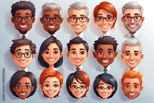  Smiling People Closeup Portrait Set Cute Cartoon Businessman Male and Female Avatars Multi-ethnic Man and Woman Faces Isolated on White Background 